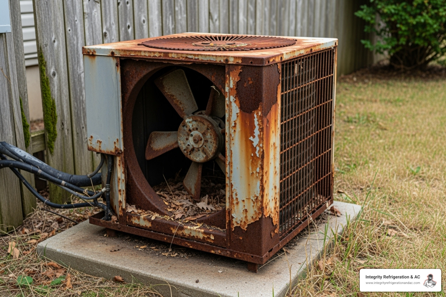 An old, corroded outdoor AC unit with visible rust and wear - ac installation lakeland