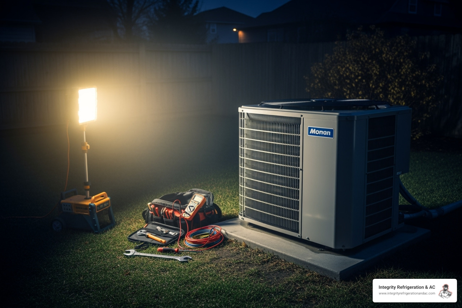 Professional HVAC technician working on an outdoor unit at night - Emergency HVAC service