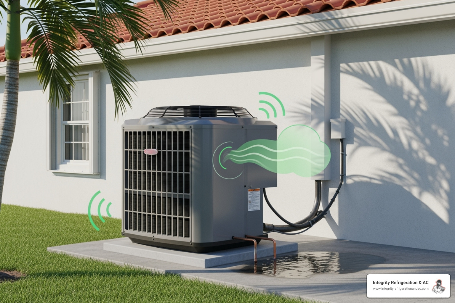 HVAC unit with icons pointing to potential problem areas like leaks, strange noises, and smells - Emergency HVAC service