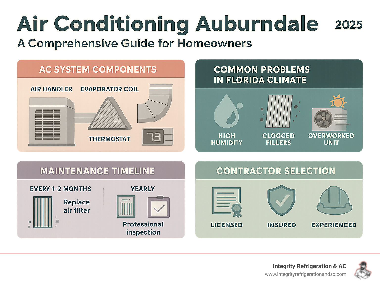 Comprehensive guide showing AC system components, common problems in Florida climate, maintenance timeline, and contractor selection criteria for Auburndale homeowners - air conditioning Auburndale infographic 
