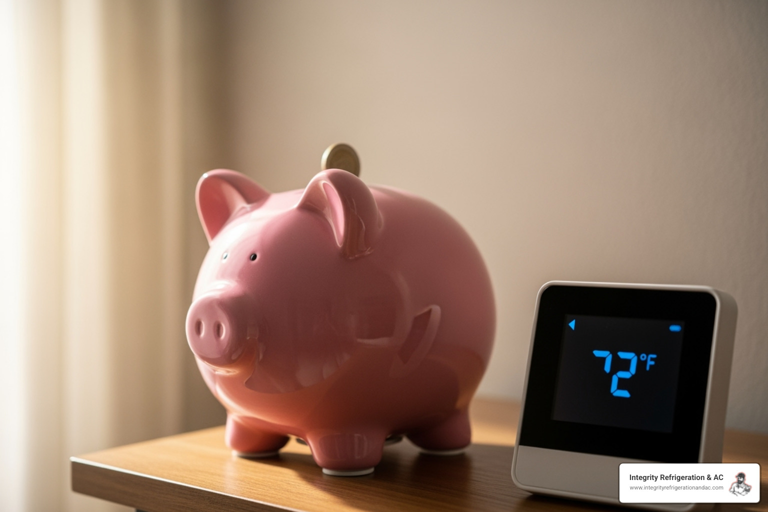 Image of a piggy bank next to a thermostat, symbolizing savings - furnace maintenance Winter Haven