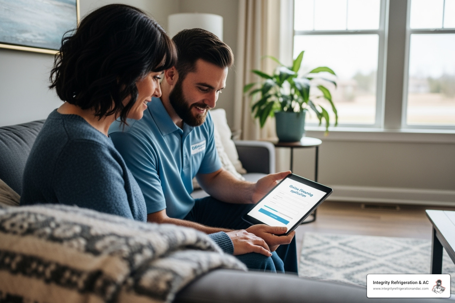 Homeowner easily applying for financing on a tablet with a friendly technician nearby - Easy AC financing