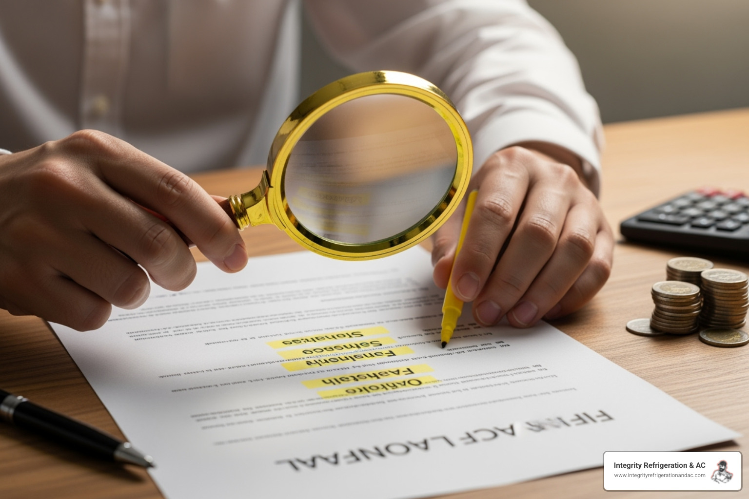Person reviewing a loan document with a magnifying glass, highlighting key terms - Easy AC financing