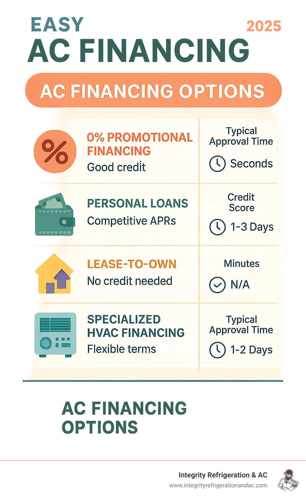 Infographic showing AC financing options comparison: 0% promotional financing for good credit, personal loans with competitive APRs, lease-to-own for no credit needed, and specialized HVAC financing with flexible terms, along with typical approval times and credit score requirements - Easy AC financing infographic 