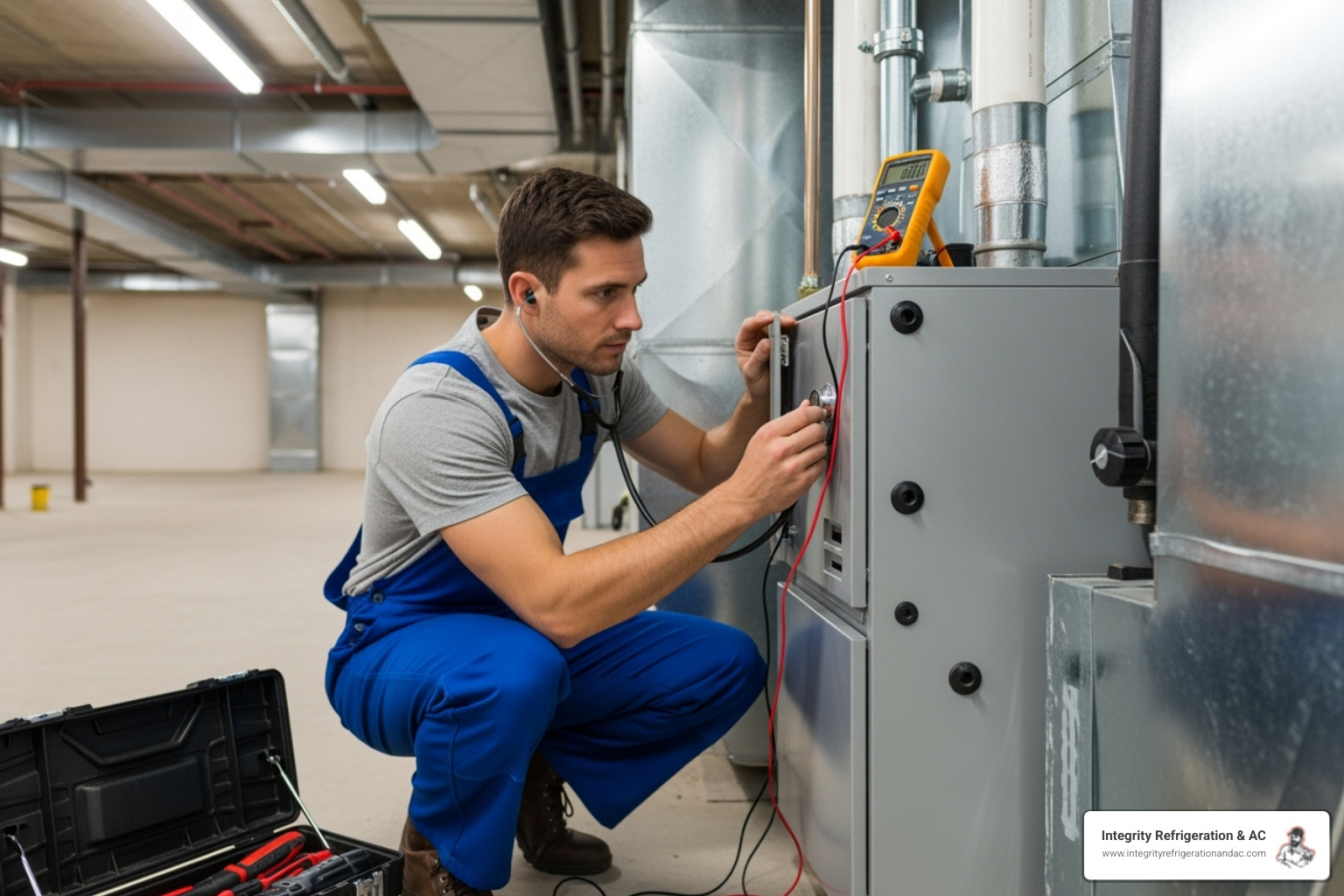 Technician listening to a furnace unit - Furnace service Winter Haven