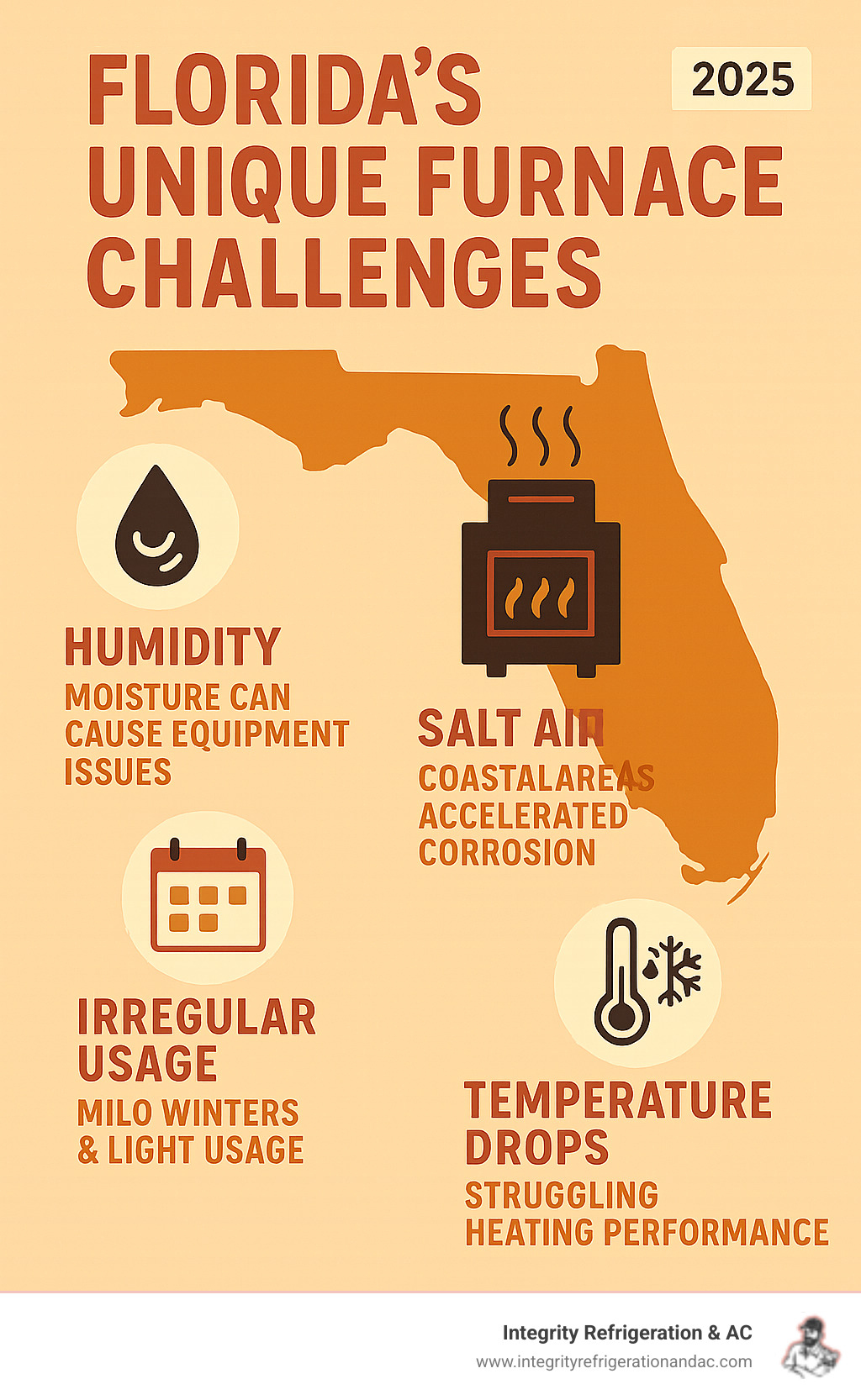 Detailed infographic showing Florida's unique furnace challenges including humidity effects, salt air corrosion in coastal areas, irregular usage patterns during mild winters, and the impact of sudden temperature drops on heating system performance - furnace repair service Florida infographic 