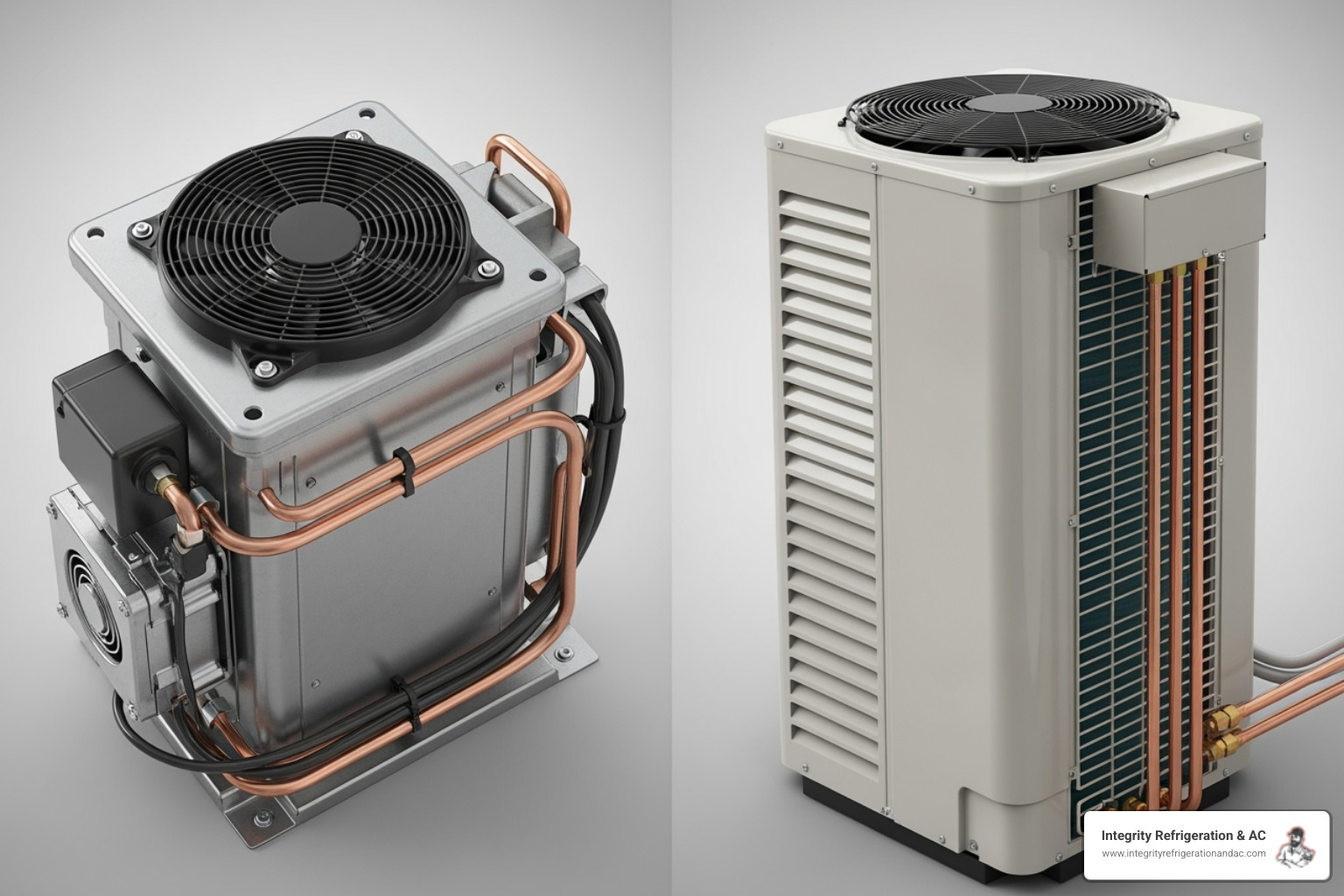 of a split image showing a single new compressor on one side and a full new outdoor AC unit on the other - AC compressor repair