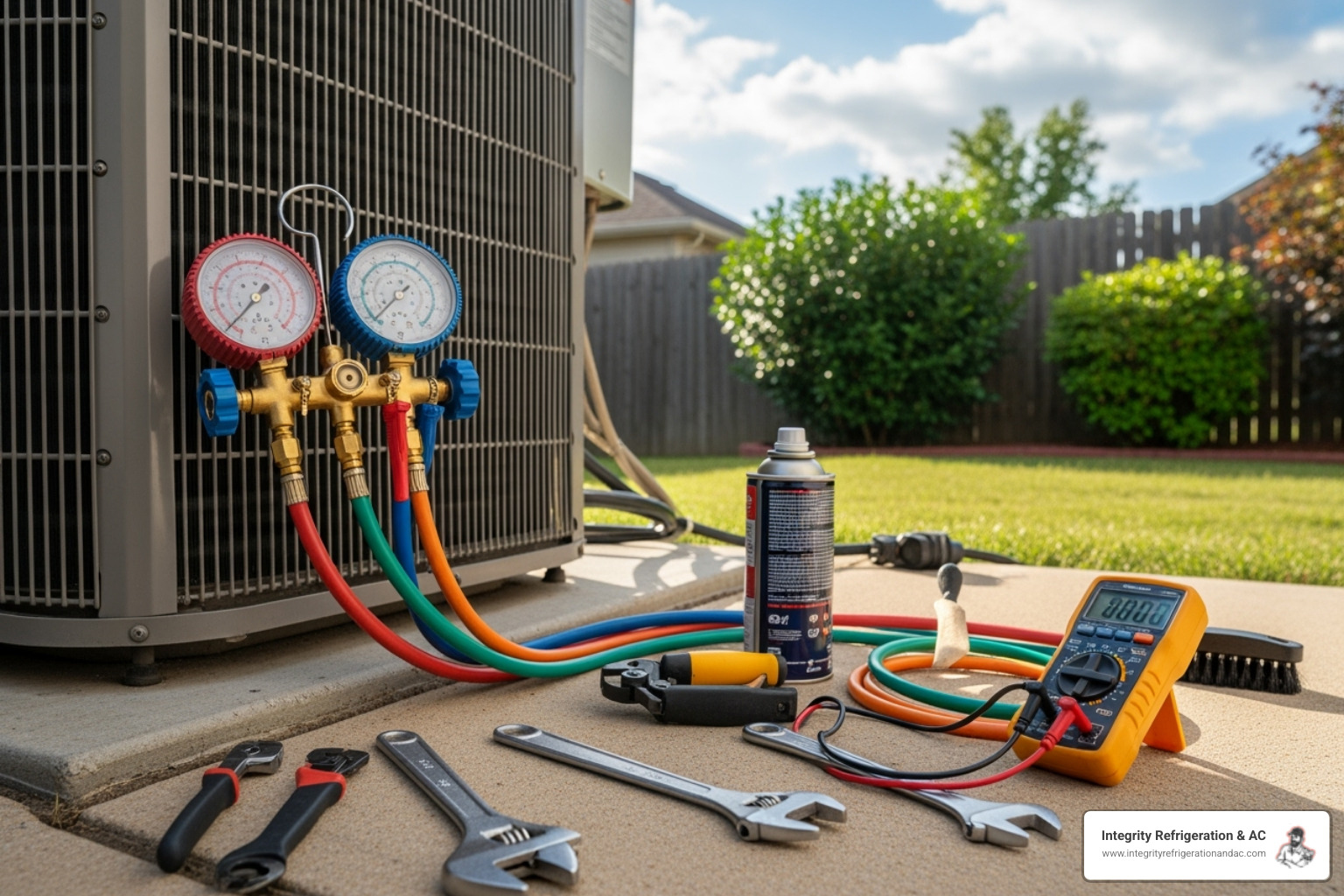 of a technician using gauges to check an AC unit's pressure; DIY checks; professional diagnosis; safety precautions; specialized tools - AC compressor repair