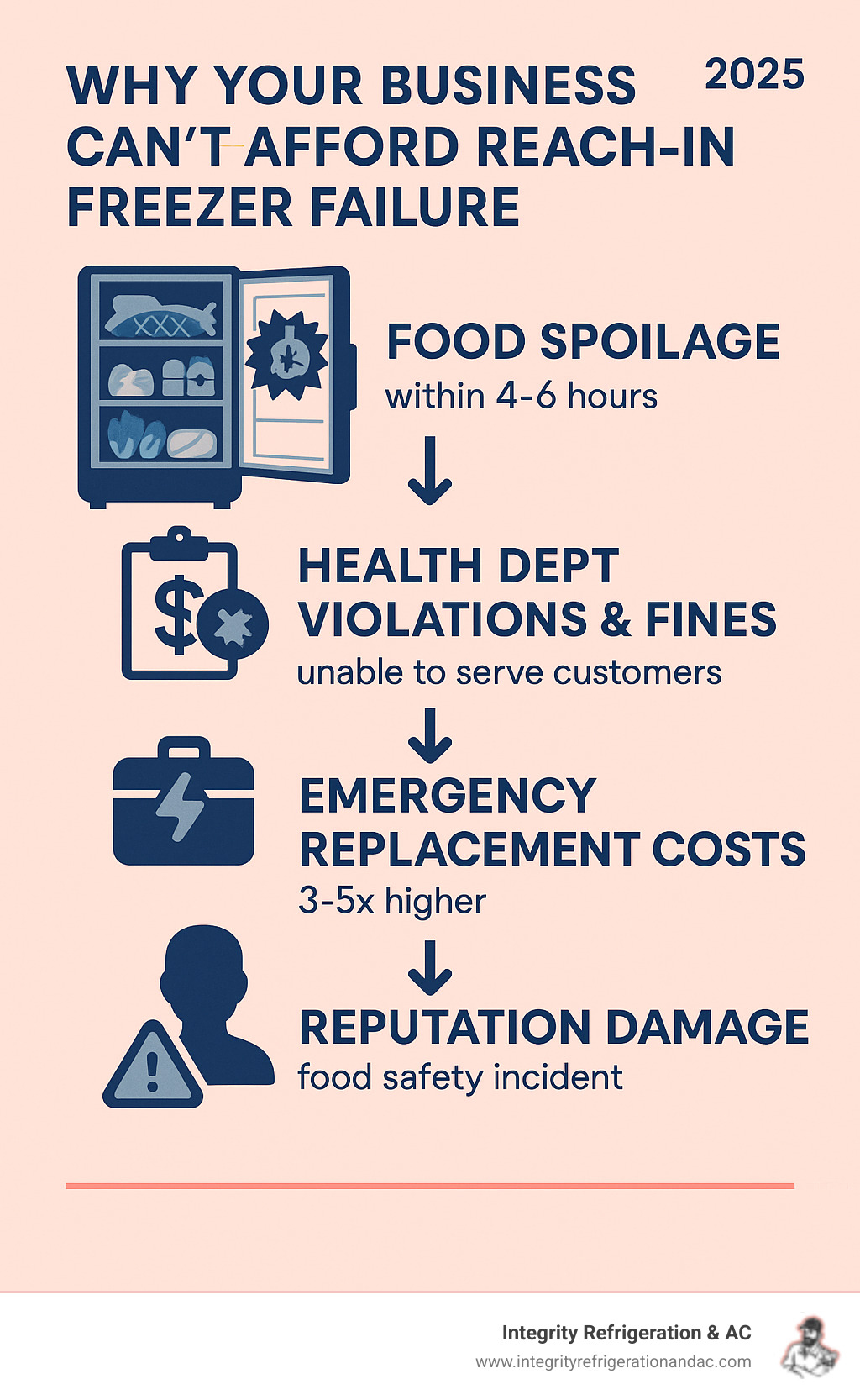 Infographic showing the cascading effects of reach-in freezer failure on food service businesses, including immediate food spoilage within 4-6 hours, potential health department violations and fines, lost revenue from inability to serve customers, emergency replacement costs often 3-5x higher than planned purchases, and reputation damage from food safety incidents - Reach-in freezer service infographic Infographic showing the cascading effects of reach-in freezer failure on food service businesses, including immediate food spoilage within 4-6 hours, potential health department violations and fines, lost revenue from inability to serve customers, emergency replacement costs often 3-5x higher than planned purchases, and reputation damage from food safety incidents - Reach-in freezer service infographic