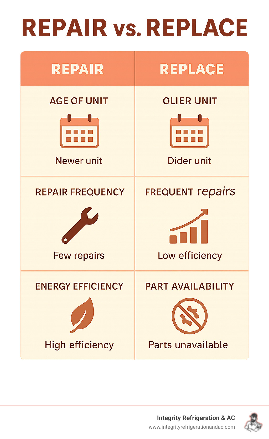 Infographic comparing factors for Repair vs. Replace: Age of Unit, Repair Frequency, Energy Efficiency, and Part Availability. - Reach-in freezer service infographic Infographic comparing factors for Repair vs. Replace: Age of Unit, Repair Frequency, Energy Efficiency, and Part Availability. - Reach-in freezer service infographic