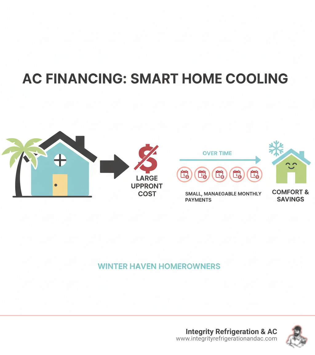 Infographic showing how AC financing transforms a large upfront AC replacement cost into small manageable monthly payments over time, with icons representing a Florida home, dollar signs, and calendar months - ac financing options winter haven infographic Infographic showing how AC financing transforms a large upfront AC replacement cost into small manageable monthly payments over time, with icons representing a Florida home, dollar signs, and calendar months - ac financing options winter haven infographic