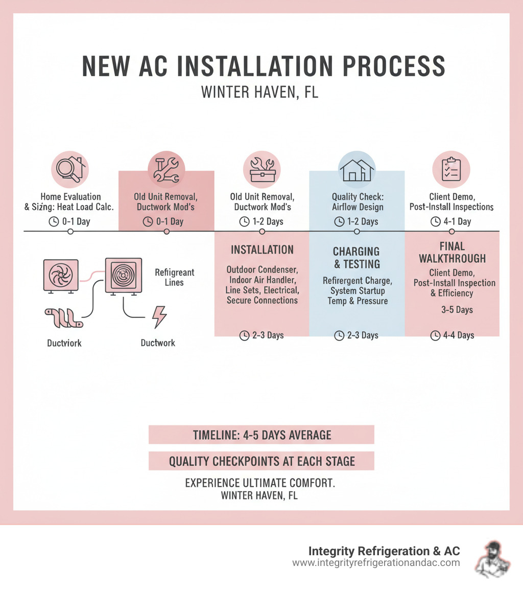 Infographic showing the complete AC installation process from initial assessment through final testing, including key components like outdoor condenser, indoor air handler, refrigerant lines, electrical connections, and ductwork modifications with timeline and quality checkpoints - new ac unit installation winter haven infographic Infographic showing the complete AC installation process from initial assessment through final testing, including key components like outdoor condenser, indoor air handler, refrigerant lines, electrical connections, and ductwork modifications with timeline and quality checkpoints - new ac unit installation winter haven infographic