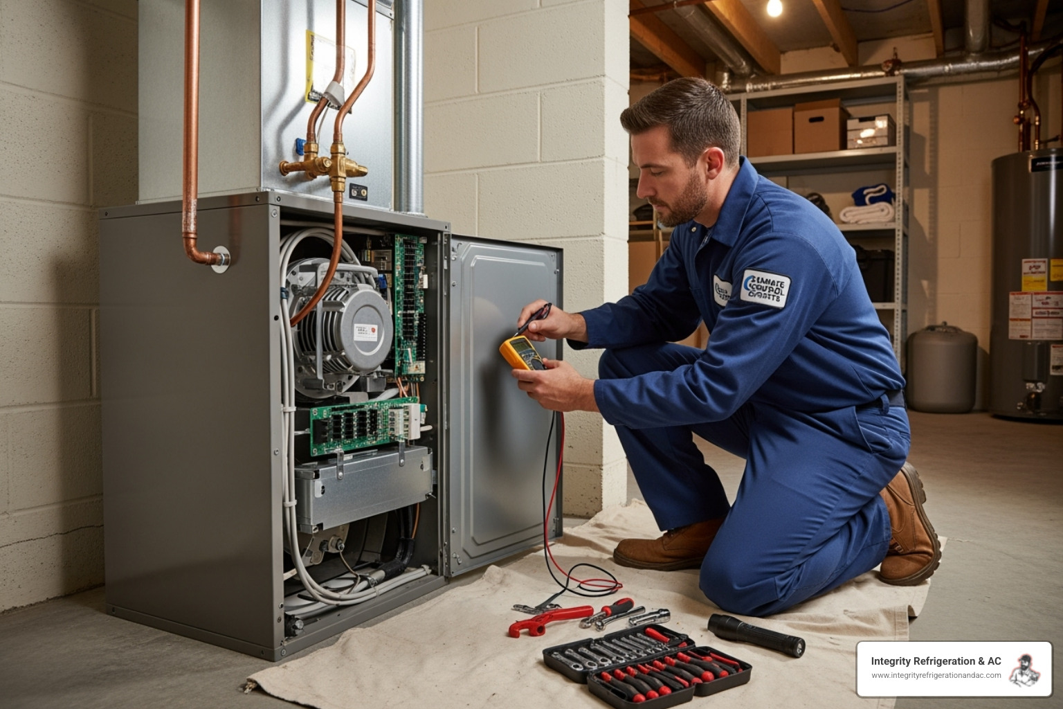A certified HVAC technician carefully working on an indoor air handler - new ac unit installation winter haven A certified HVAC technician carefully working on an indoor air handler - new ac unit installation winter haven