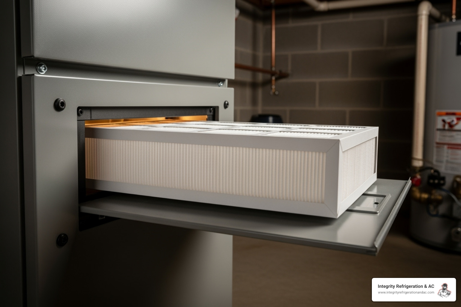 Image of a homeowner replacing a furnace air filter - Furnace safety check Image of a homeowner replacing a furnace air filter - Furnace safety check