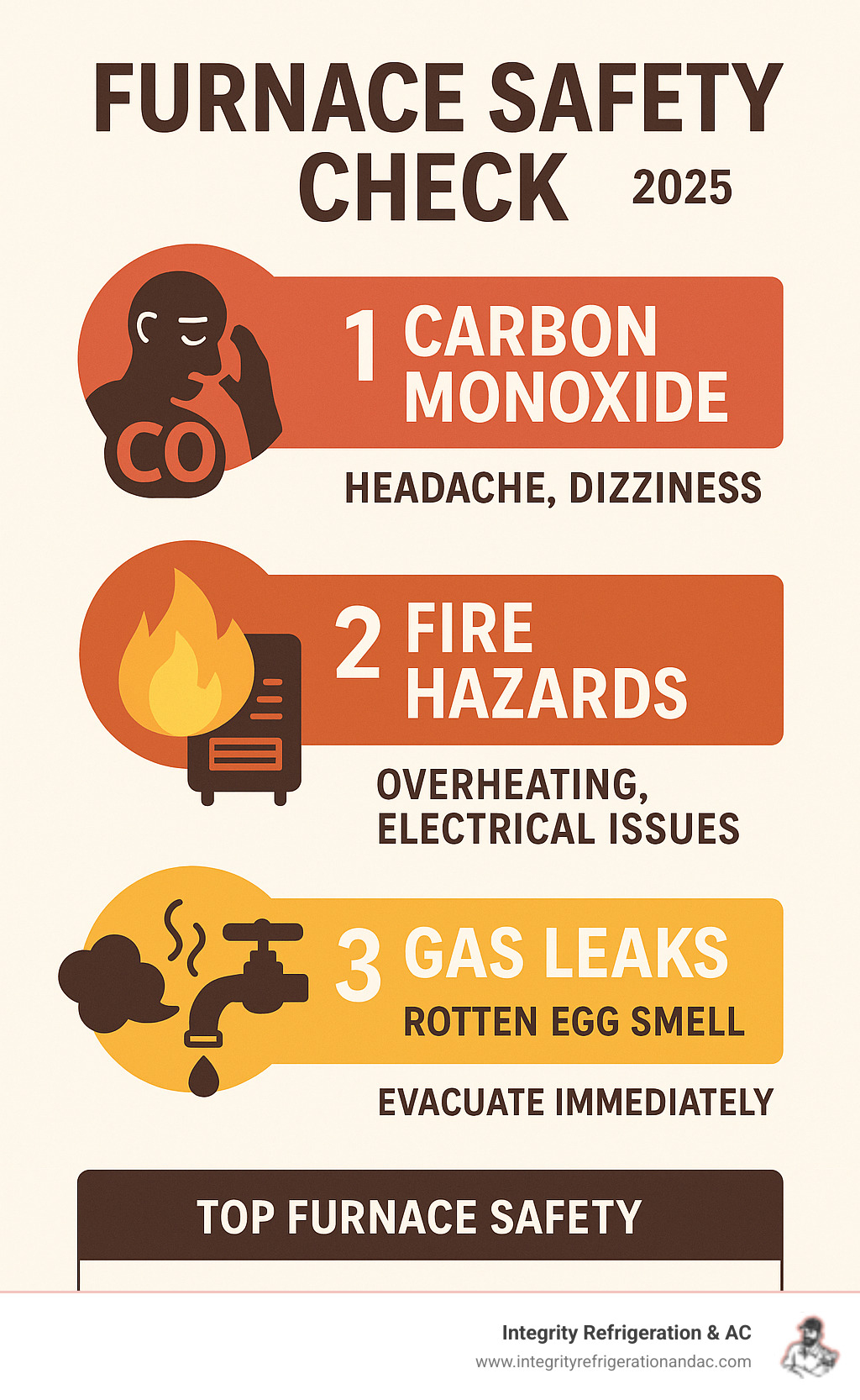 Infographic showing the top 3 furnace safety risks: Carbon Monoxide poisoning with symptoms like headache and dizziness, Fire Hazards from overheating and electrical issues, and Gas Leaks identified by rotten egg smell requiring immediate evacuation - Furnace safety check infographic Infographic showing the top 3 furnace safety risks: Carbon Monoxide poisoning with symptoms like headache and dizziness, Fire Hazards from overheating and electrical issues, and Gas Leaks identified by rotten egg smell requiring immediate evacuation - Furnace safety check infographic