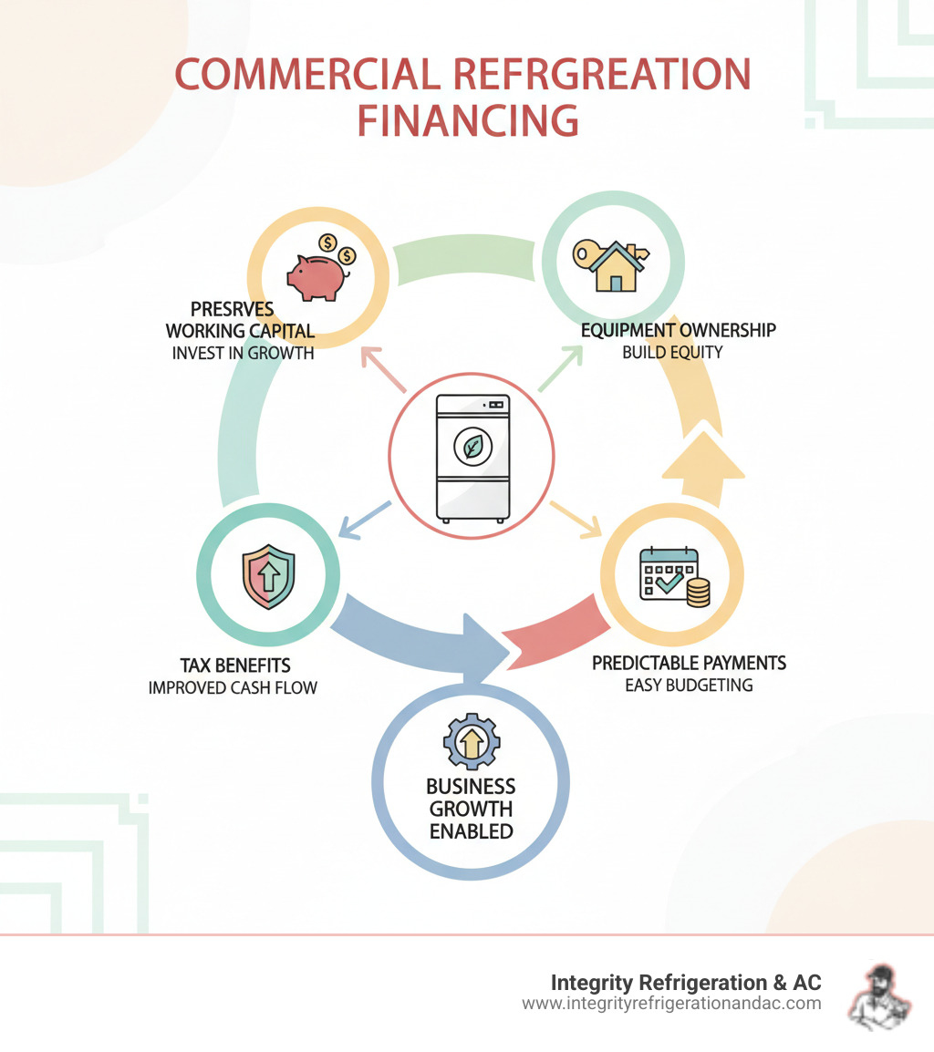 Infographic showing how commercial refrigeration financing preserves working capital while enabling business growth through equipment ownership, predictable monthly payments, tax benefits, and improved cash flow management - Refrigeration financing options infographic Infographic showing how commercial refrigeration financing preserves working capital while enabling business growth through equipment ownership, predictable monthly payments, tax benefits, and improved cash flow management - Refrigeration financing options infographic