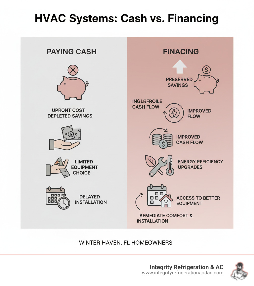 Infographic showing comparison of paying cash versus financing for HVAC systems, including benefits like preserved savings, energy efficiency upgrades, improved cash flow, and access to better equipment with financing option - hvac financing near me winter haven fl infographic Infographic showing comparison of paying cash versus financing for HVAC systems, including benefits like preserved savings, energy efficiency upgrades, improved cash flow, and access to better equipment with financing option - hvac financing near me winter haven fl infographic