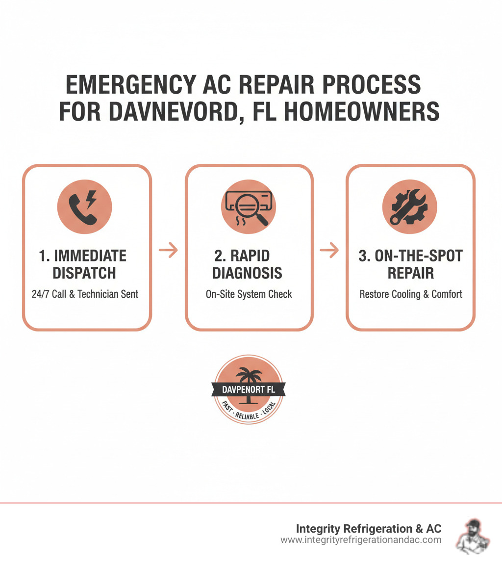 Emergency AC service response process showing immediate dispatch, diagnosis, and repair steps for Davenport FL homeowners - ac emergency service near me davenport fl infographic Emergency AC service response process showing immediate dispatch, diagnosis, and repair steps for Davenport FL homeowners - ac emergency service near me davenport fl infographic