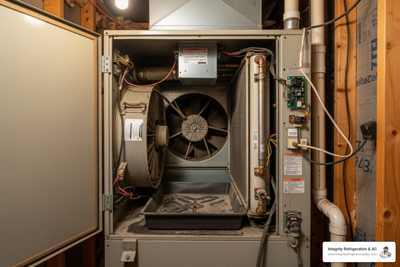 a technician inspecting an older indoor air handler - ac maintenance cost davenport fl
