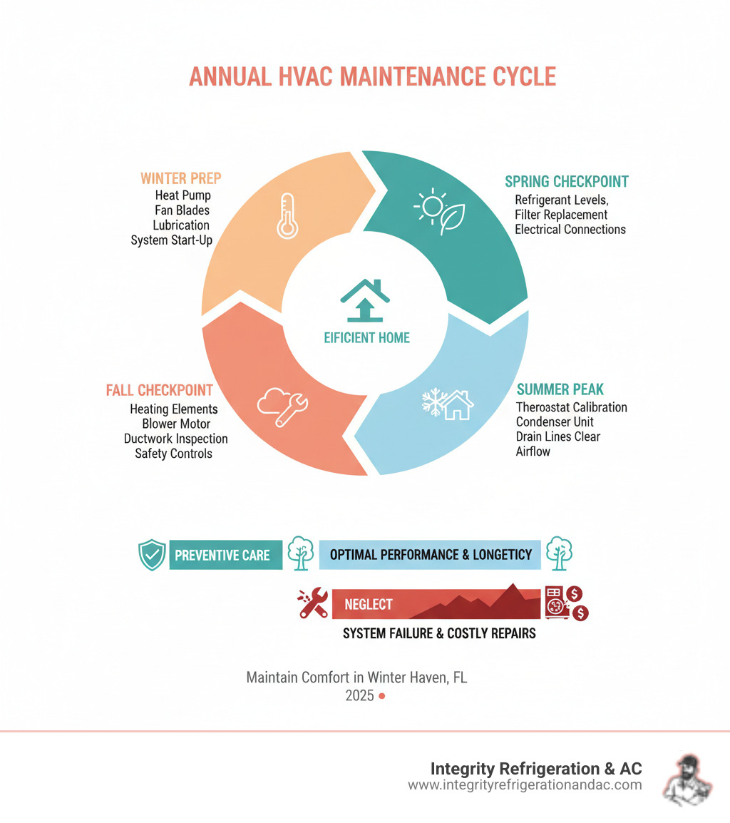 Comprehensive infographic showing the annual HVAC maintenance cycle with seasonal checkpoints, key system components that require inspection, and the progression from preventive care to system failure without proper maintenance - annual hvac service winter haven fl infographic Comprehensive infographic showing the annual HVAC maintenance cycle with seasonal checkpoints, key system components that require inspection, and the progression from preventive care to system failure without proper maintenance - annual hvac service winter haven fl infographic
