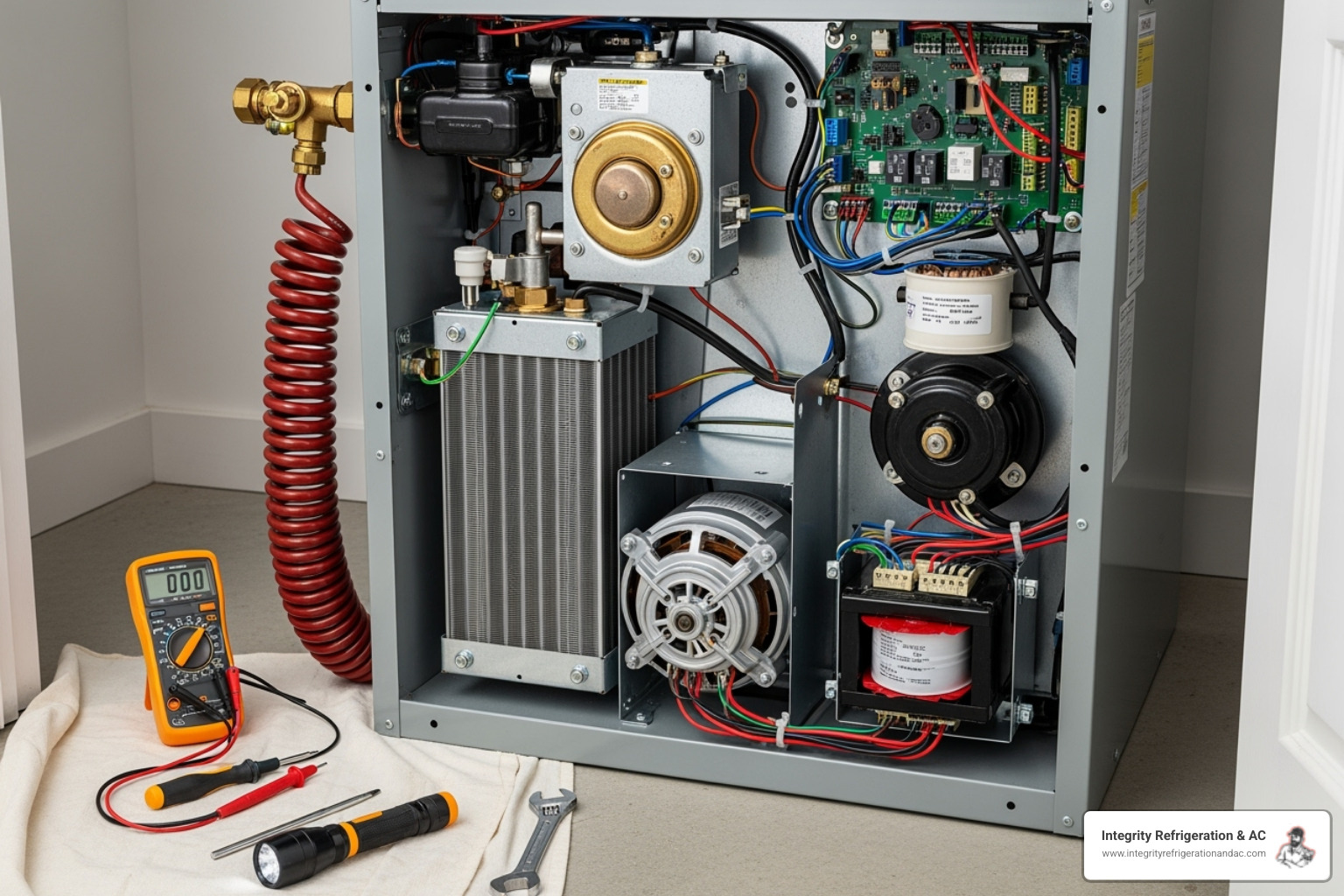 Technician inspecting an indoor heating unit - annual hvac service winter haven fl Technician inspecting an indoor heating unit - annual hvac service winter haven fl