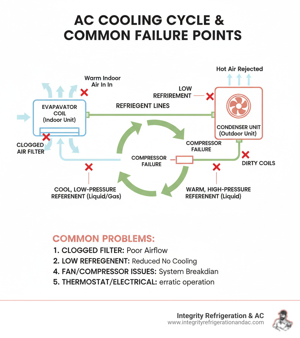 Detailed infographic showing the air conditioning cooling cycle with labeled components including evaporator coil, condenser unit, refrigerant lines, and airflow patterns, highlighting common failure points that cause cooling problems - ac not cooling repair davenport fl infographic Detailed infographic showing the air conditioning cooling cycle with labeled components including evaporator coil, condenser unit, refrigerant lines, and airflow patterns, highlighting common failure points that cause cooling problems - ac not cooling repair davenport fl infographic