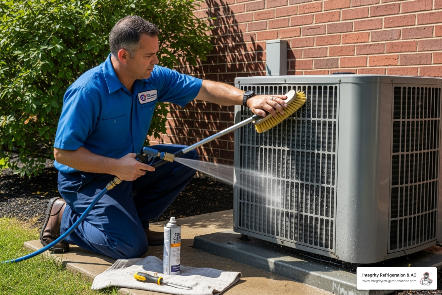 A professional HVAC technician in uniform carefully cleaning the coils of an outdoor AC condenser unit with a hose and brush - ac not cooling repair davenport fl A professional HVAC technician in uniform carefully cleaning the coils of an outdoor AC condenser unit with a hose and brush - ac not cooling repair davenport fl