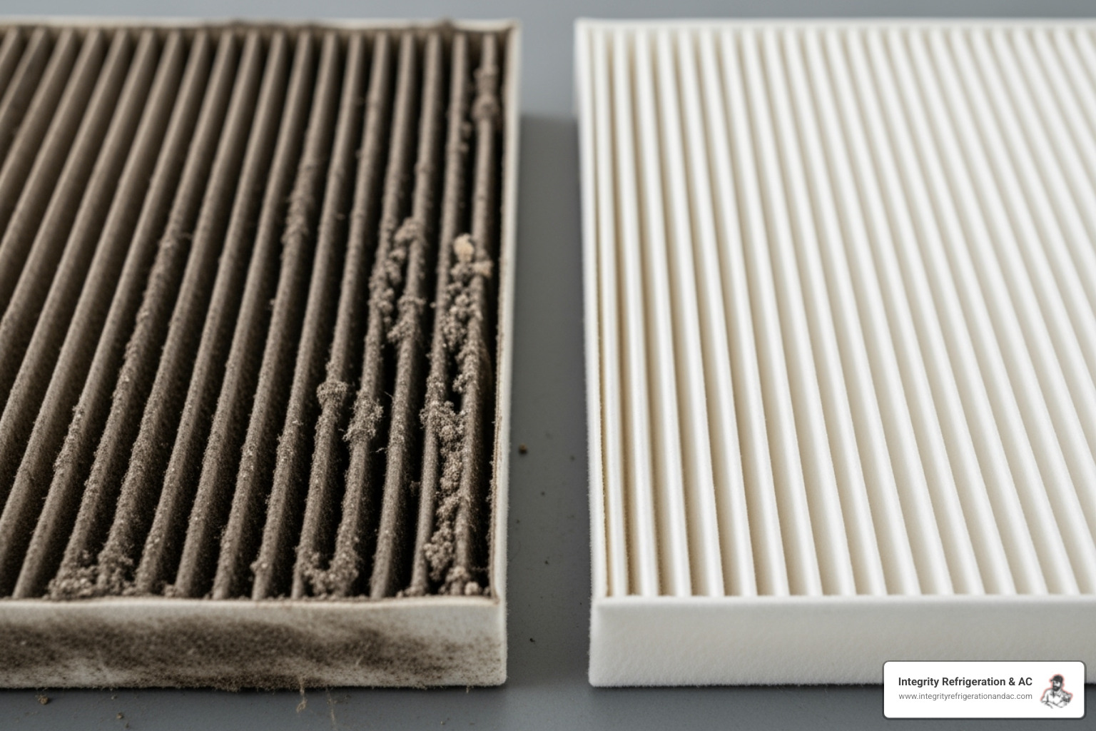 A technician holding up a dirty, clogged air filter next to a clean one for comparison, illustrating the impact of neglected maintenance - ac not cooling repair davenport fl A technician holding up a dirty, clogged air filter next to a clean one for comparison, illustrating the impact of neglected maintenance - ac not cooling repair davenport fl