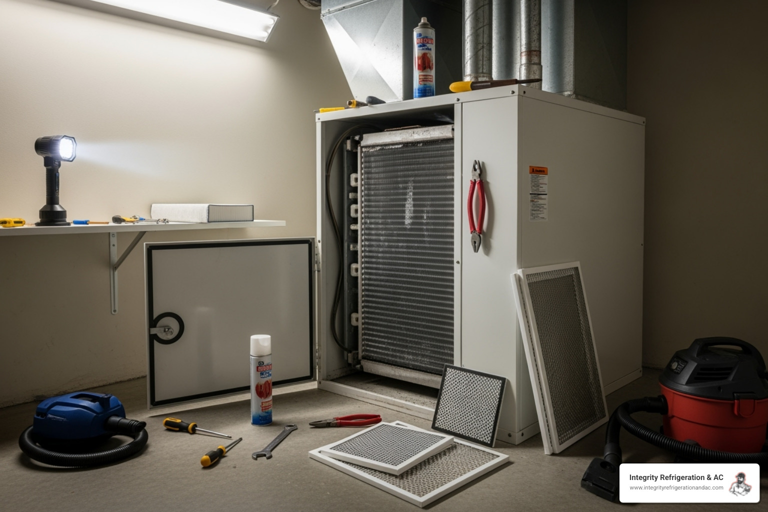 HVAC technician performing a maintenance check on an indoor air handler in a Florida home - residential hvac contractors auburndale fl HVAC technician performing a maintenance check on an indoor air handler in a Florida home - residential hvac contractors auburndale fl