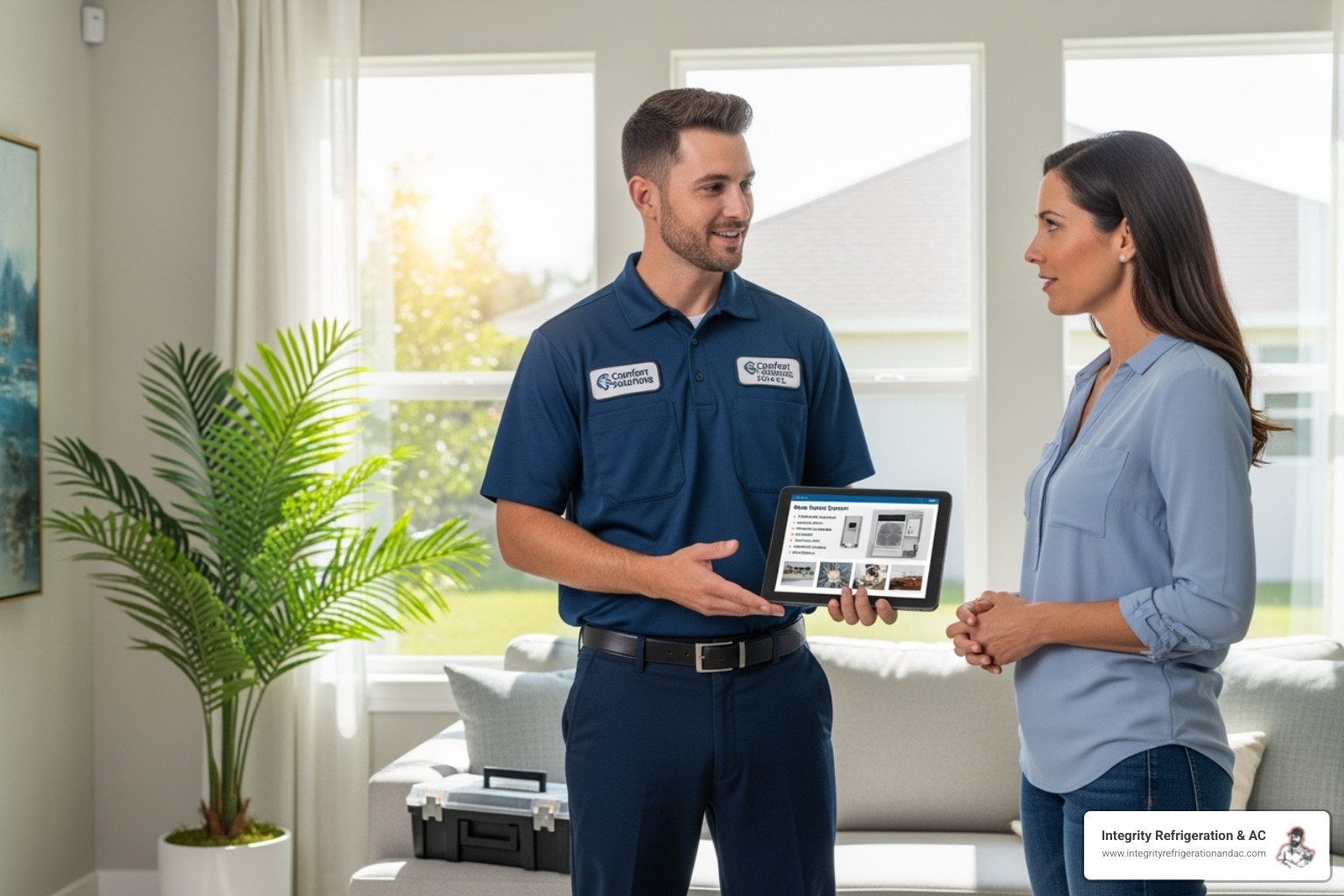 Friendly, professional HVAC technician discussing options with a homeowner in a Florida home - residential hvac contractors auburndale fl Friendly, professional HVAC technician discussing options with a homeowner in a Florida home - residential hvac contractors auburndale fl