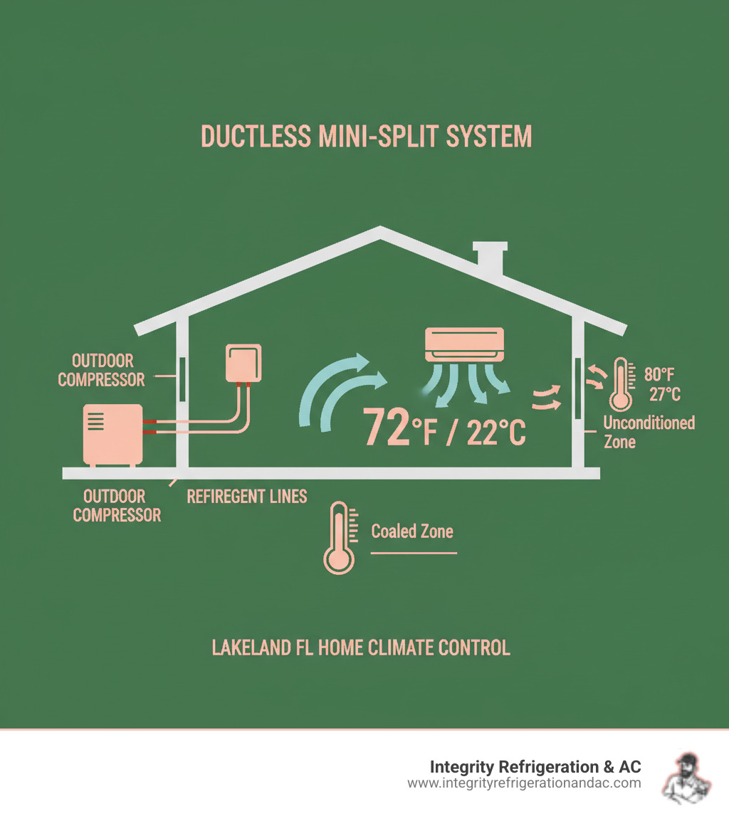Detailed infographic showing ductless mini-split system components with outdoor compressor unit connected via refrigerant lines to indoor wall-mounted air handler, illustrating airflow patterns and temperature zones in a typical Lakeland FL home - ductless ac cost lakeland fl infographic Detailed infographic showing ductless mini-split system components with outdoor compressor unit connected via refrigerant lines to indoor wall-mounted air handler, illustrating airflow patterns and temperature zones in a typical Lakeland FL home - ductless ac cost lakeland fl infographic