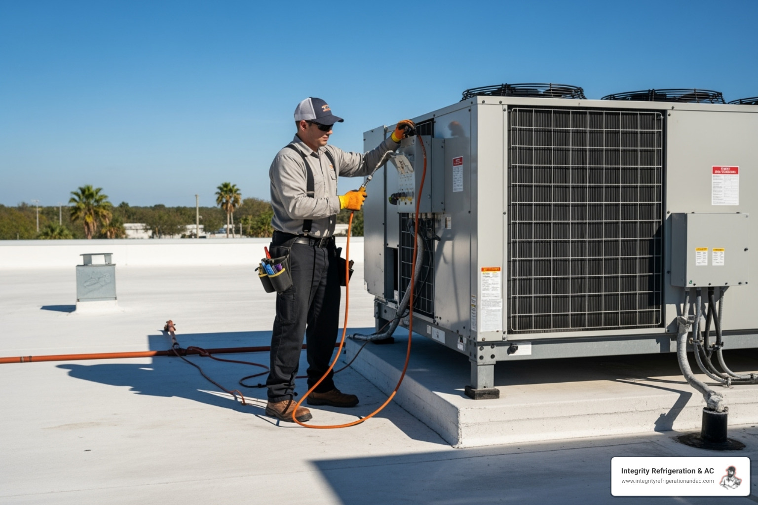 technician performing maintenance on a commercial rooftop HVAC unit Lakeland FL - commercial hvac service contract lakeland fl