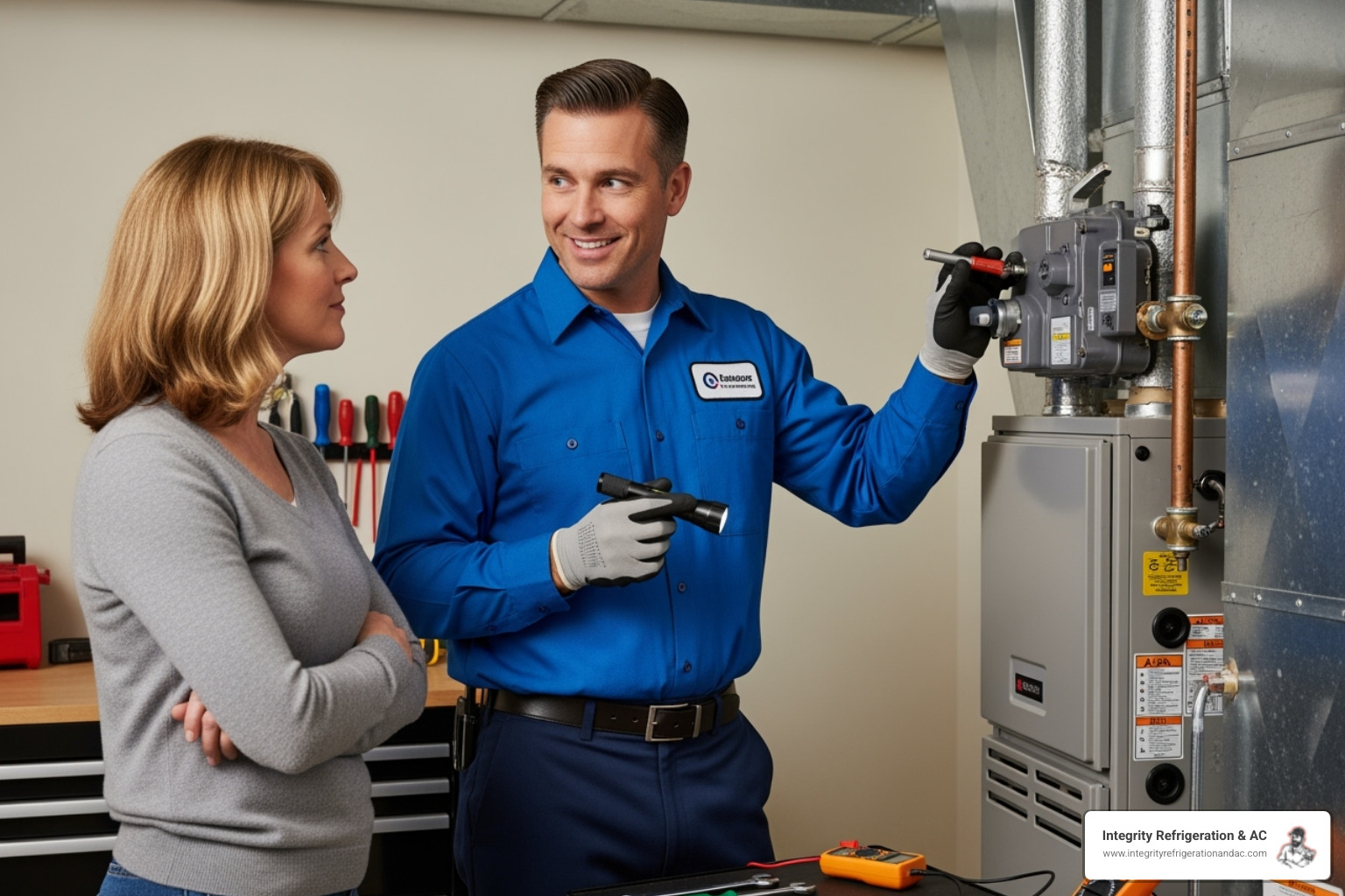 a friendly technician explaining a part to a homeowner - trusted hvac company lakeland fl