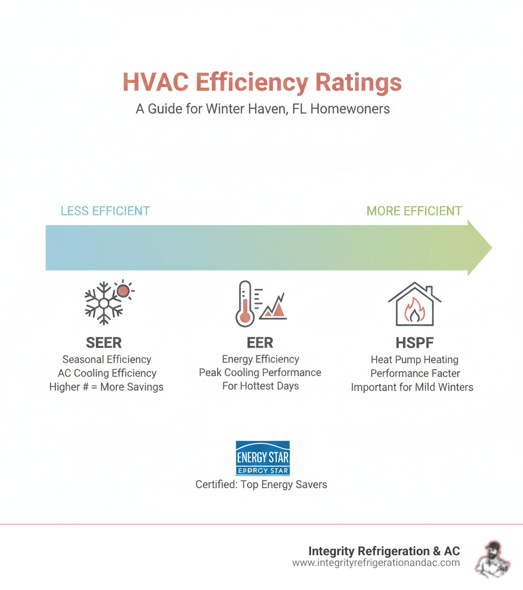 Infographic explaining SEER, EER, and HSPF ratings with a scale from less efficient to more efficient - energy efficient hvac winter haven fl infographic 