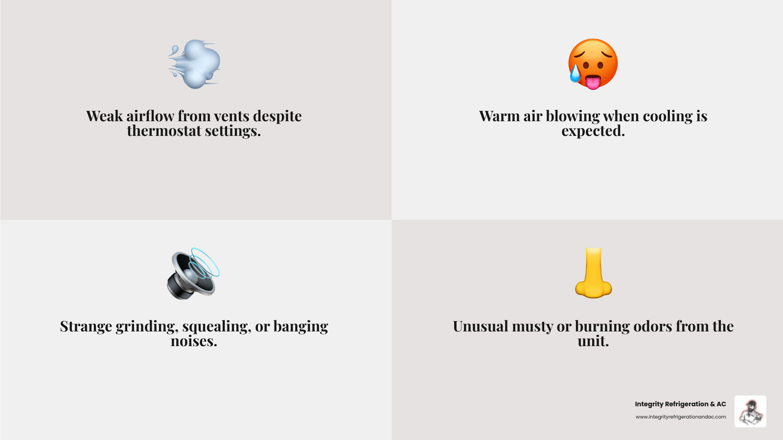 Infographic showing top 5 warning signs your air conditioner needs immediate repair: weak airflow from vents, warm air when cooling expected, strange grinding or squealing noises, unusual musty or burning odors, and frequent on-off cycling throughout the day - a+ rated ac repair davenport fl infographic 4_facts_emoji_grey