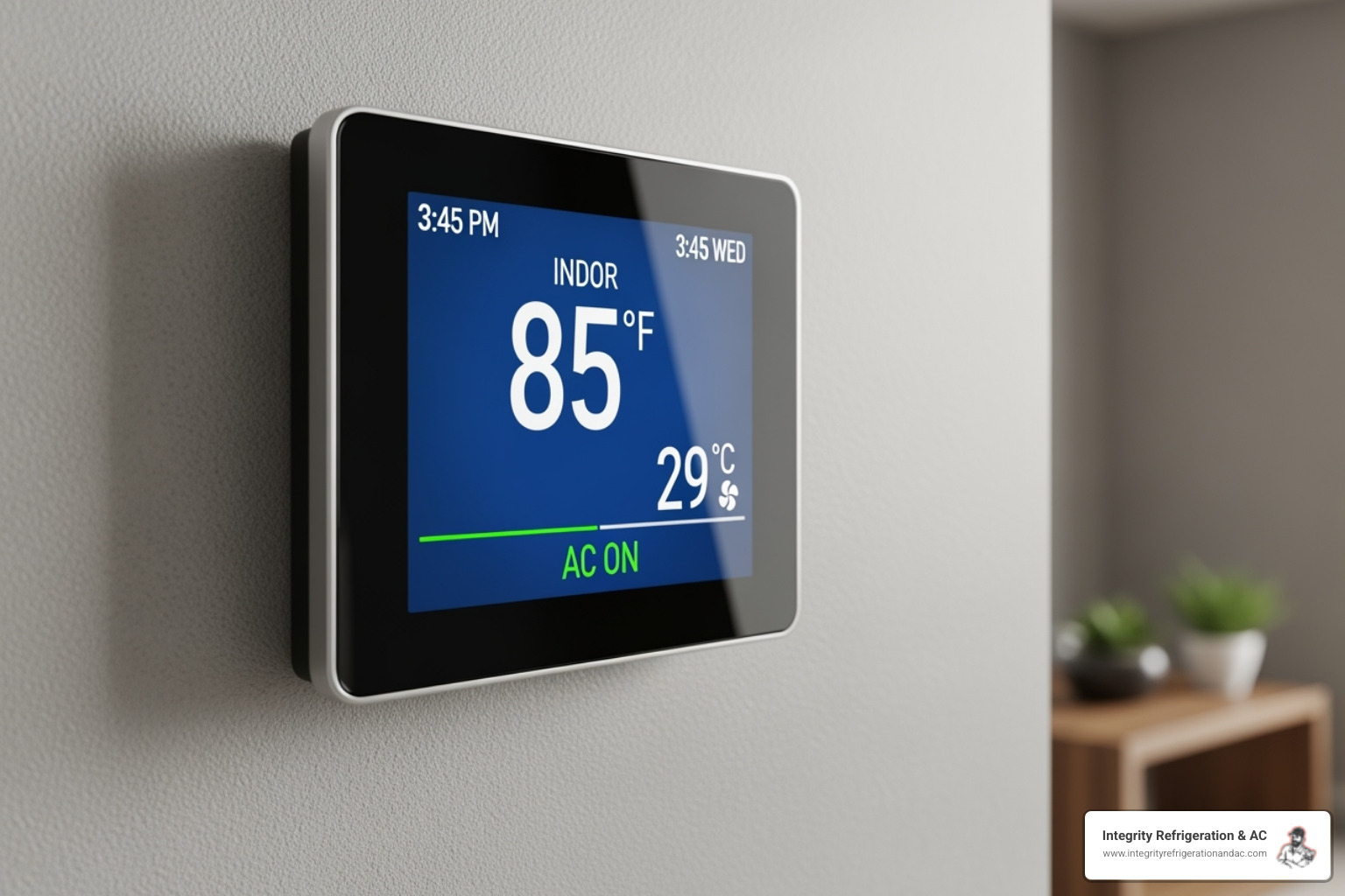 A thermostat displaying a high indoor temperature despite the AC running, with a homeowner looking concerned - a+ rated ac repair davenport fl