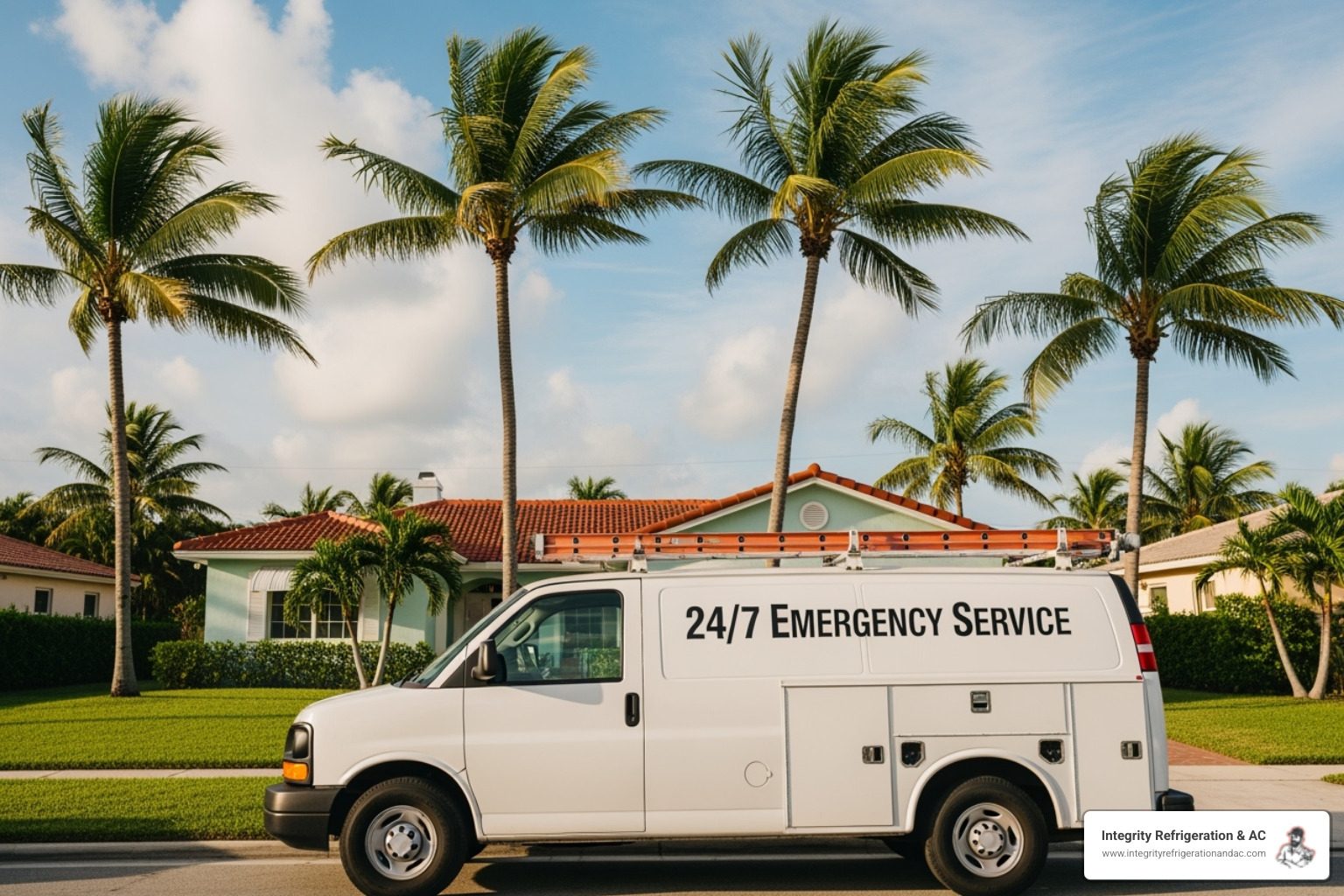 A service van with "24/7 Emergency Service" clearly displayed on its side, parked in front of a Florida home - a+ rated ac repair davenport fl