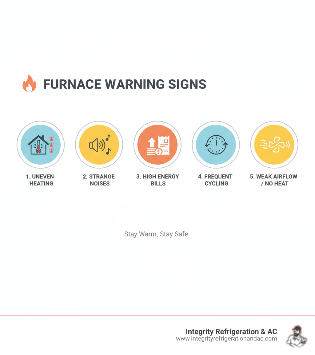 Infographic showing 5 common furnace warning signs: 1. Uneven heating between rooms, 2. Strange noises like banging or squealing, 3. Unexpected increases in energy bills, 4. Frequent system cycling on and off, 5. Weak airflow or no heat production - heating repair winter haven fl infographic 