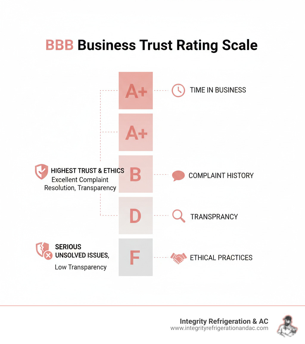 Infographic showing the BBB rating scale from A+ to F, with criteria including time in business, complaint history, transparency, and ethical practices. A+ represents the highest trust level with excellent complaint resolution, while F indicates serious unresolved issues or lack of transparency. - bbb a+ refrigeration lakeland fl infographic Infographic showing the BBB rating scale from A+ to F, with criteria including time in business, complaint history, transparency, and ethical practices. A+ represents the highest trust level with excellent complaint resolution, while F indicates serious unresolved issues or lack of transparency. - bbb a+ refrigeration lakeland fl infographic