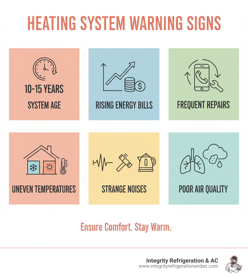 infographic showing warning signs of heating system failure including system age 10-15 years, increasing energy bills trend line, frequent repair calls, uneven room temperatures diagram, strange noises icons, and poor air quality indicators - heating installation winter haven fl infographic 