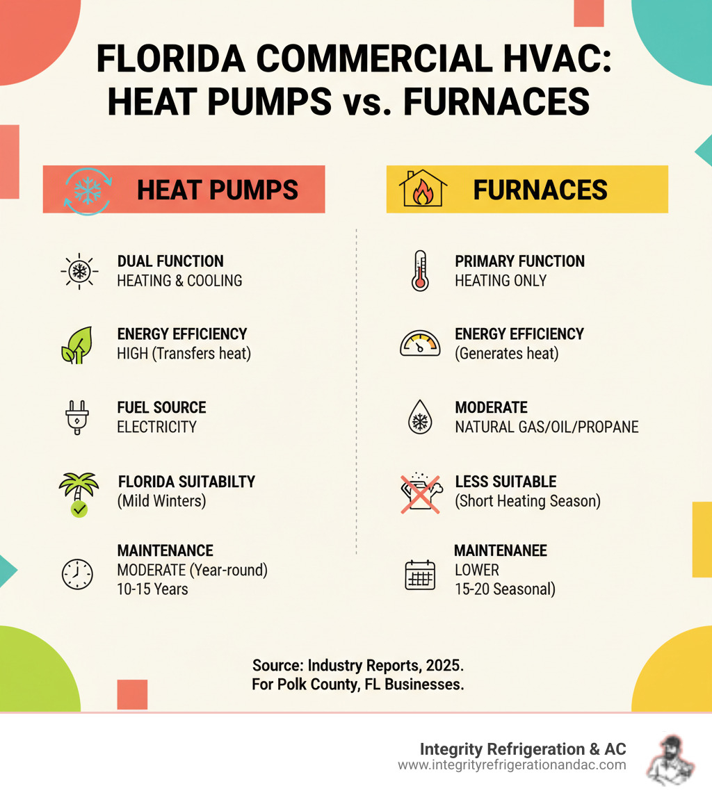 Infographic comparing features of Heat Pumps vs. Furnaces for Florida businesses - commercial hvac heating polk county fl infographic 
