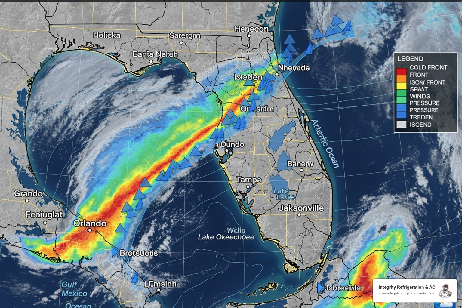 a weather map showing a cold front over Central Florida - annual heater tune up polk county fl