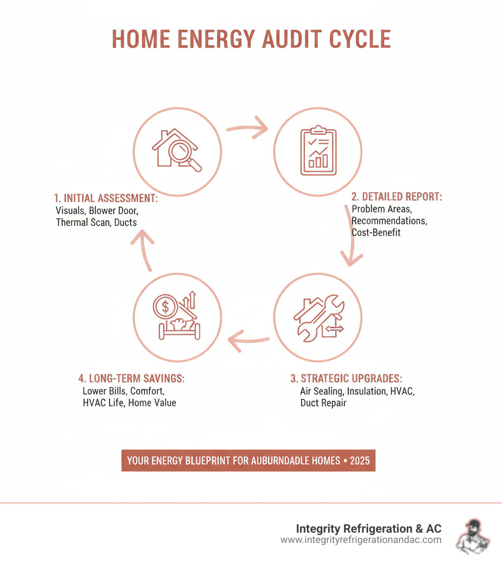 Infographic showing the home energy audit cycle: Initial Assessment (visual inspection, blower door test, thermal imaging, duct testing) leads to Detailed Report (energy loss areas identified, prioritized recommendations, cost-benefit analysis) which leads to Strategic Upgrades (air sealing, insulation, HVAC optimization, duct repairs) resulting in Long-Term Savings (lower utility bills, improved comfort, extended HVAC lifespan, increased home value) - home energy audit auburndale fl infographic 