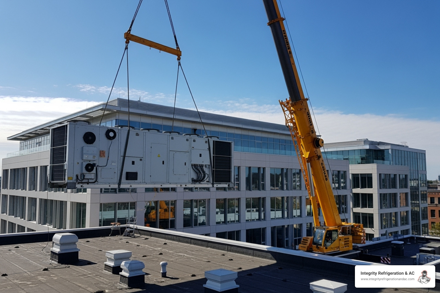team of technicians safely installing a new commercial HVAC unit with a crane - Commercial HVAC Installation Near Me
