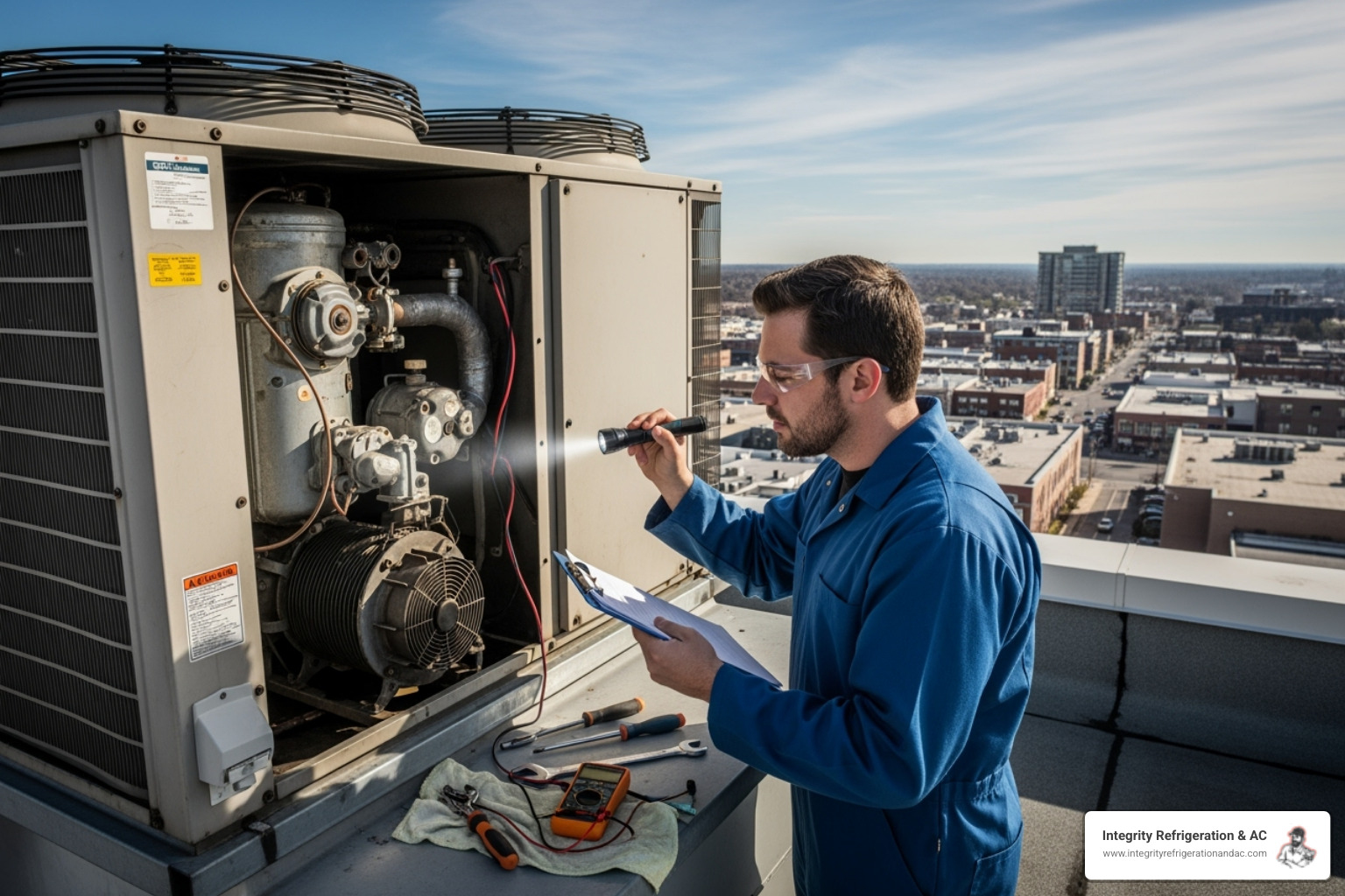 technician inspecting an old, large commercial commercial HVAC unit - Commercial HVAC Installation Near Me