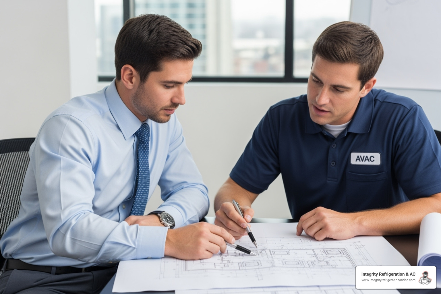 business owner reviewing HVAC plans with a contractor - Commercial HVAC Installation Near Me