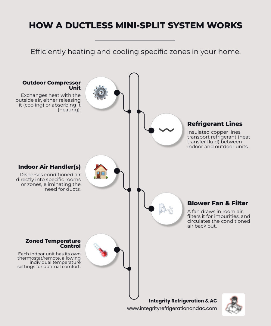 Infographic explaining how a ductless mini-split system works - ductless hvac maintenance infographic infographic-line-5-steps-elegant_beige