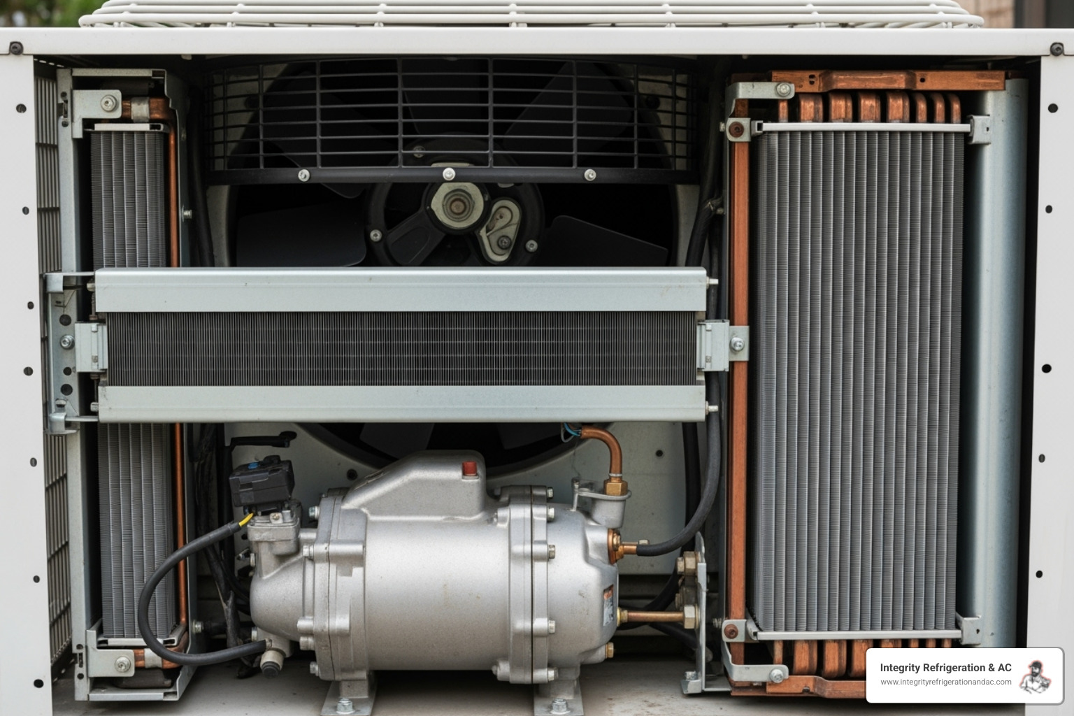 Inside of an outdoor condenser unit with parts labeled - AC unit making noise