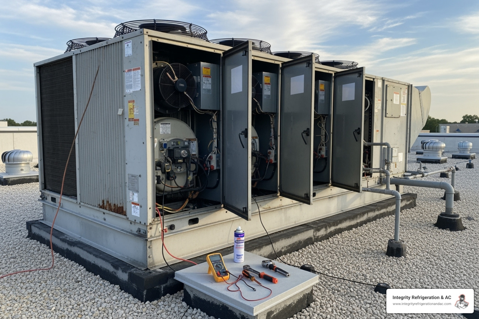 HVAC technician performing maintenance on a rooftop unit - 24 hour commercial hvac service in lake hamilton fl