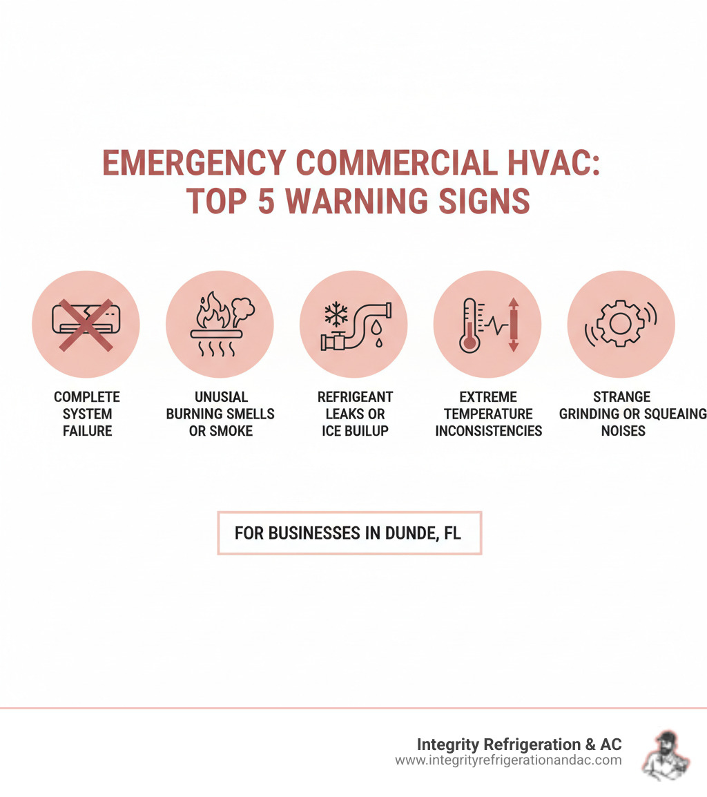 infographic showing top 5 signs your commercial HVAC needs emergency service: complete system failure, unusual burning smells or smoke, refrigerant leaks or ice buildup, extreme temperature inconsistencies affecting business operations, and strange grinding or squealing noises - emergency commercial hvac service in dundee fl infographic  infographic showing top 5 signs your commercial HVAC needs emergency service: complete system failure, unusual burning smells or smoke, refrigerant leaks or ice buildup, extreme temperature inconsistencies affecting business operations, and strange grinding or squealing noises - emergency commercial hvac service in dundee fl infographic